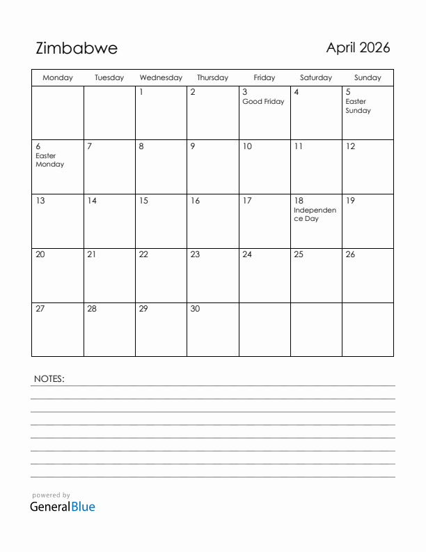 April 2026 Zimbabwe Calendar with Holidays (Monday Start)