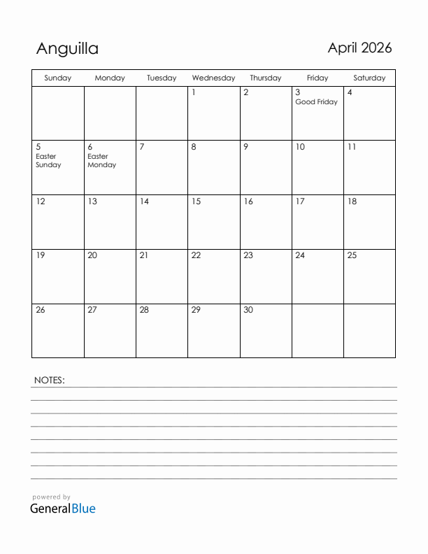 April 2026 Anguilla Calendar with Holidays (Sunday Start)