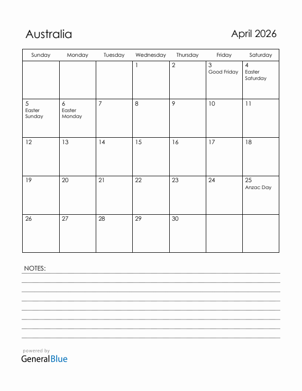 April 2026 Australia Calendar with Holidays (Sunday Start)