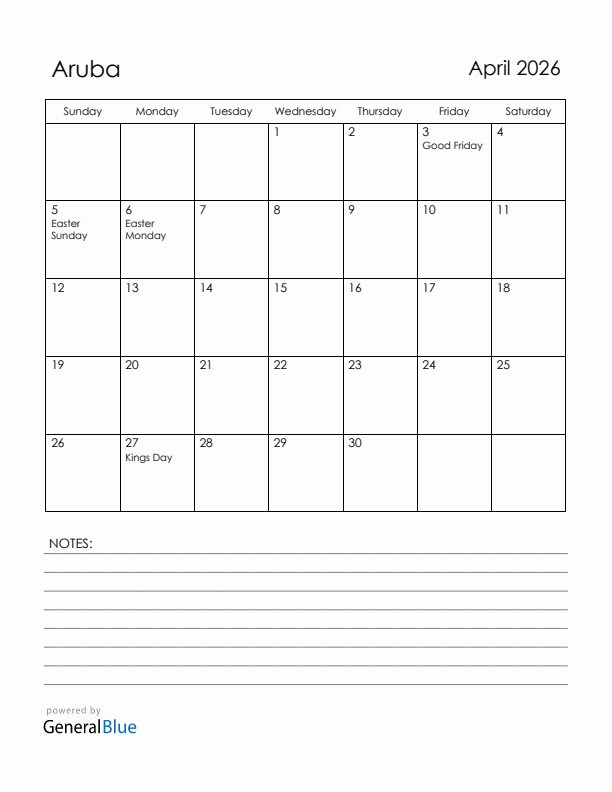 April 2026 Aruba Calendar with Holidays (Sunday Start)