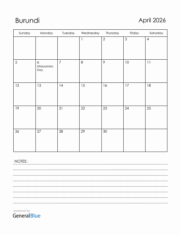 April 2026 Burundi Calendar with Holidays (Sunday Start)