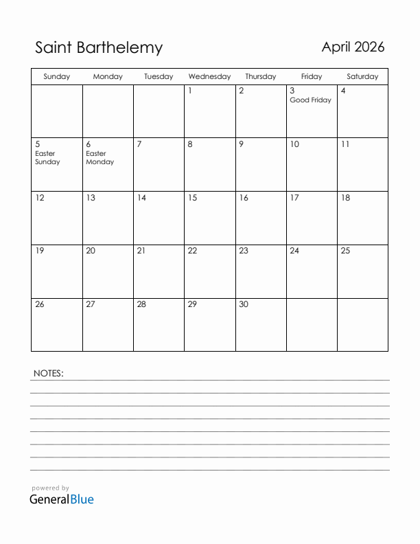 April 2026 Saint Barthelemy Calendar with Holidays (Sunday Start)