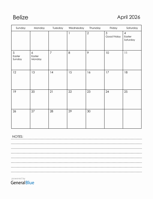 April 2026 Belize Calendar with Holidays (Sunday Start)