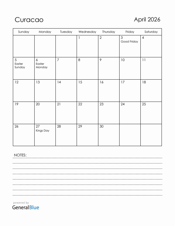 April 2026 Curacao Calendar with Holidays (Sunday Start)