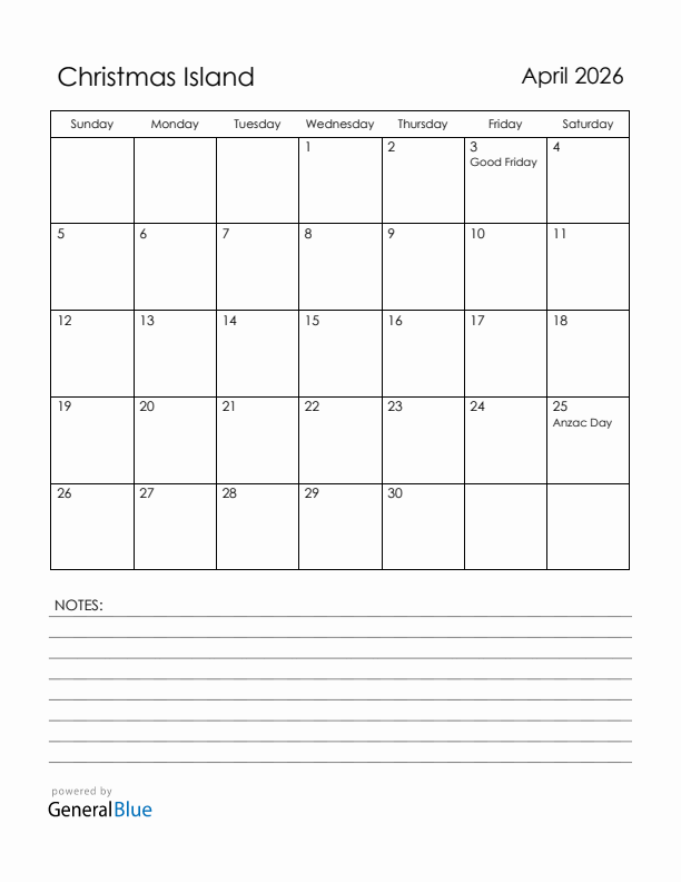April 2026 Christmas Island Calendar with Holidays (Sunday Start)