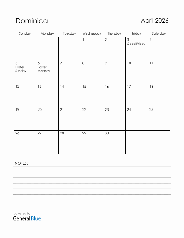 April 2026 Dominica Calendar with Holidays (Sunday Start)