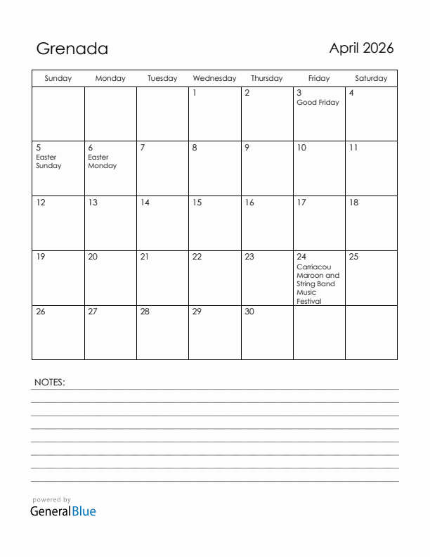 April 2026 Grenada Calendar with Holidays (Sunday Start)