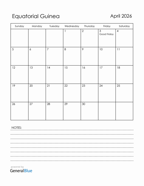 April 2026 Equatorial Guinea Calendar with Holidays (Sunday Start)