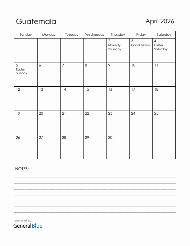 April 2026 Guatemala Calendar with Holidays (Sunday Start)