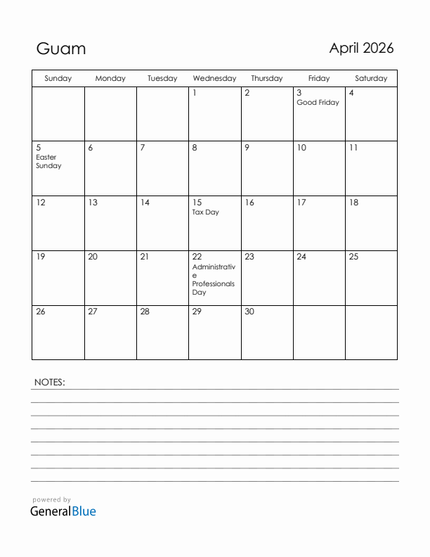 April 2026 Guam Calendar with Holidays (Sunday Start)