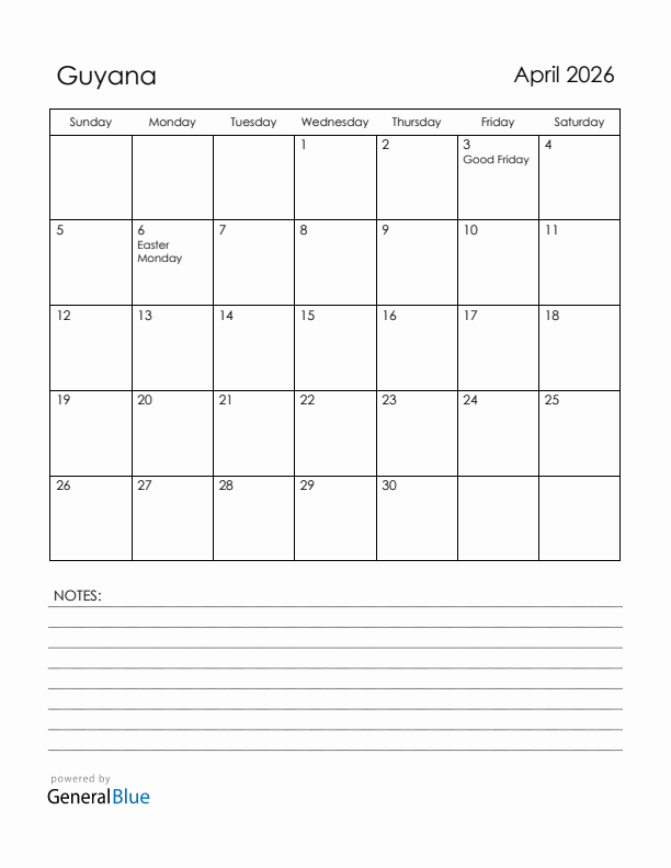April 2026 Guyana Calendar with Holidays (Sunday Start)