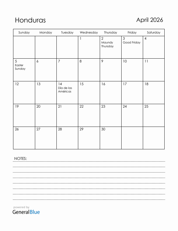 April 2026 Honduras Calendar with Holidays (Sunday Start)