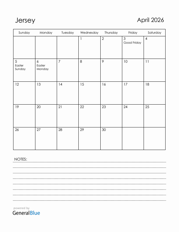 April 2026 Jersey Calendar with Holidays (Sunday Start)