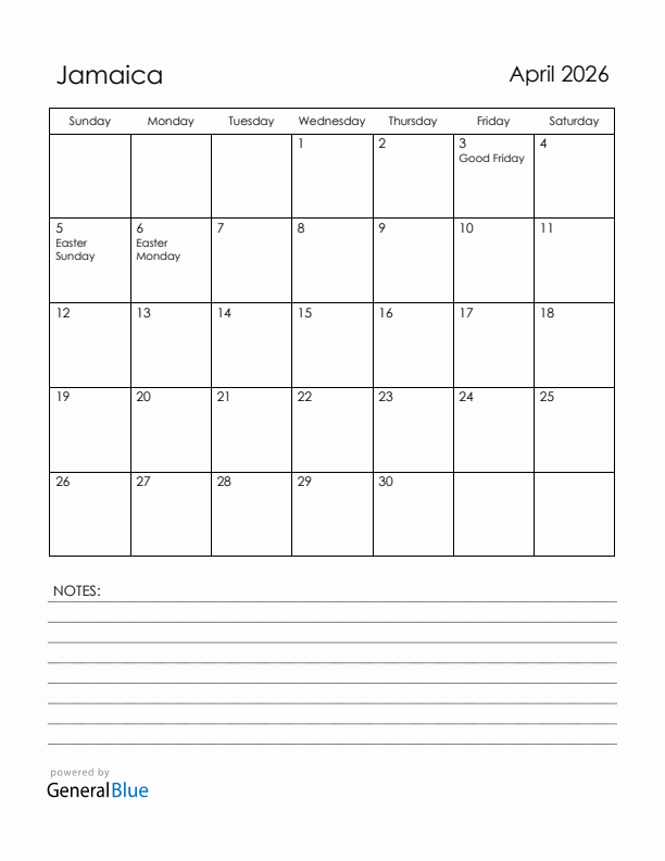 April 2026 Jamaica Calendar with Holidays (Sunday Start)