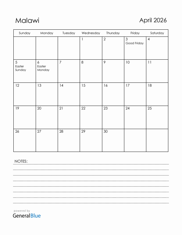 April 2026 Malawi Calendar with Holidays (Sunday Start)