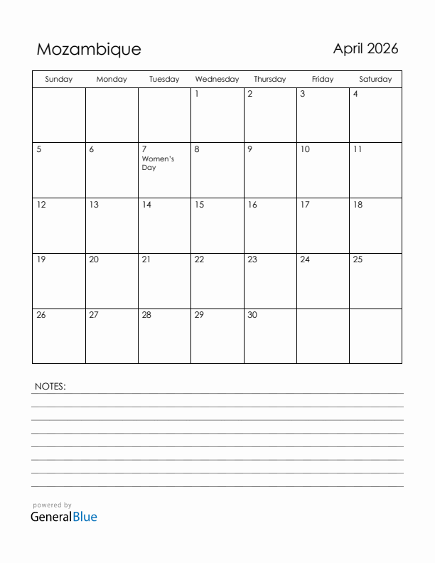 April 2026 Mozambique Calendar with Holidays (Sunday Start)