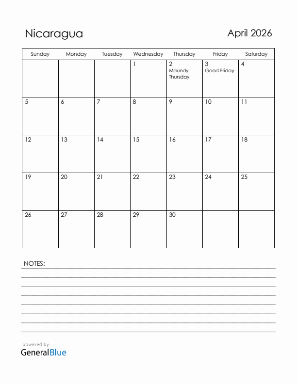 April 2026 Nicaragua Calendar with Holidays (Sunday Start)