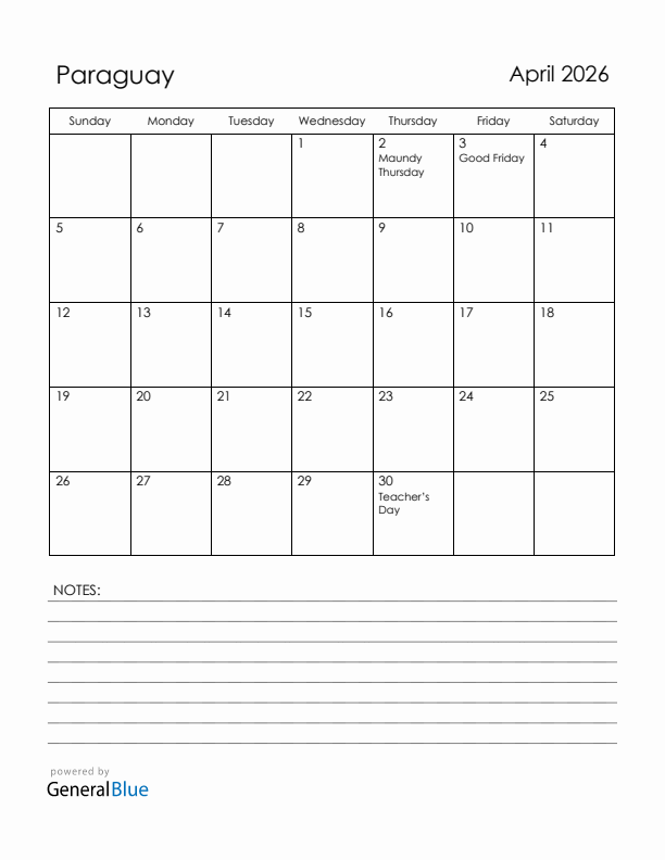 April 2026 Paraguay Calendar with Holidays (Sunday Start)