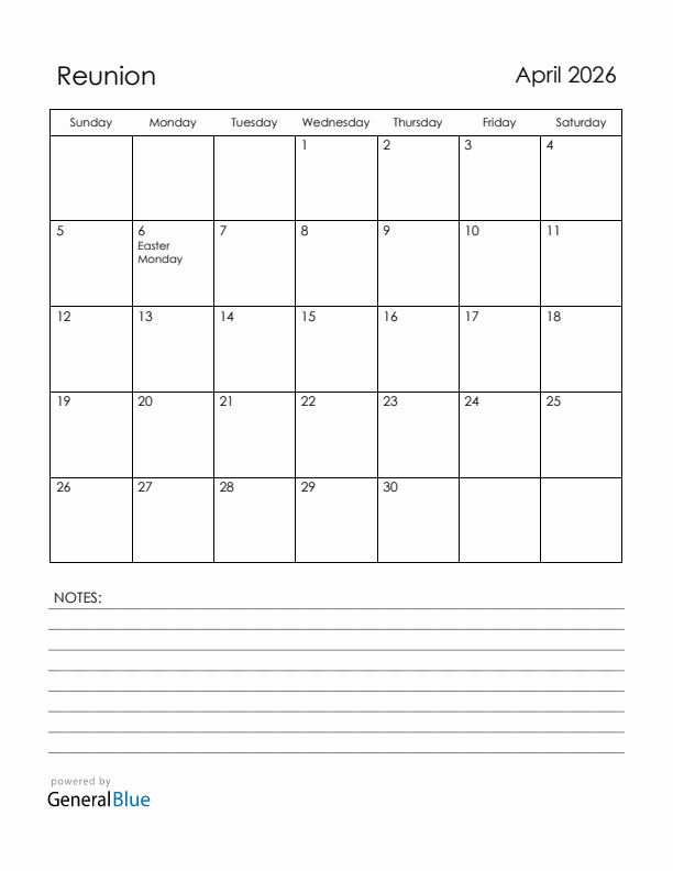 April 2026 Reunion Calendar with Holidays (Sunday Start)