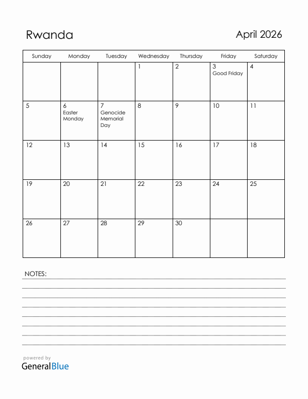 April 2026 Rwanda Calendar with Holidays (Sunday Start)