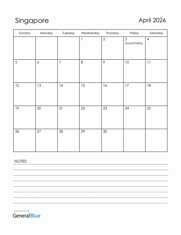 April 2026 Singapore Calendar with Holidays (Sunday Start)