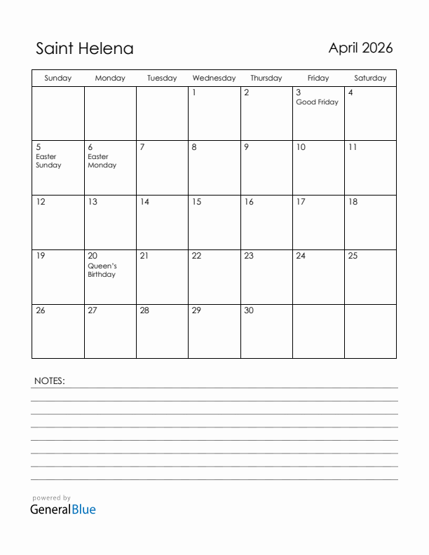 April 2026 Saint Helena Calendar with Holidays (Sunday Start)