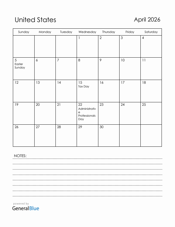 April 2026 United States Calendar with Holidays (Sunday Start)