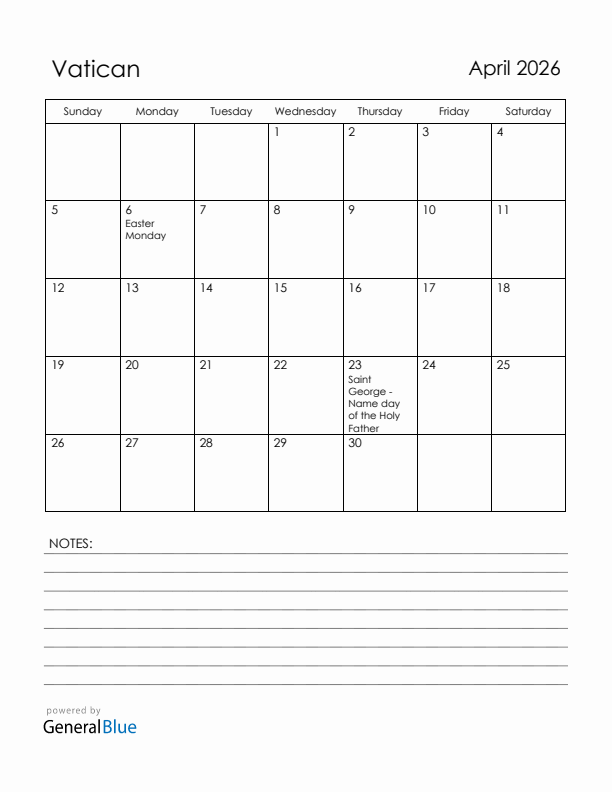 April 2026 Vatican Calendar with Holidays (Sunday Start)