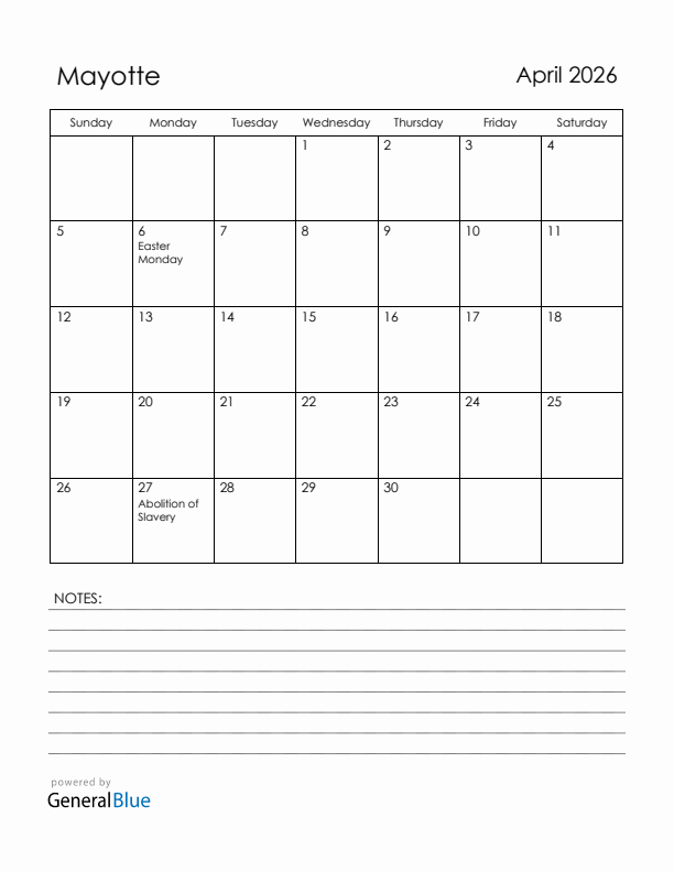 April 2026 Mayotte Calendar with Holidays (Sunday Start)