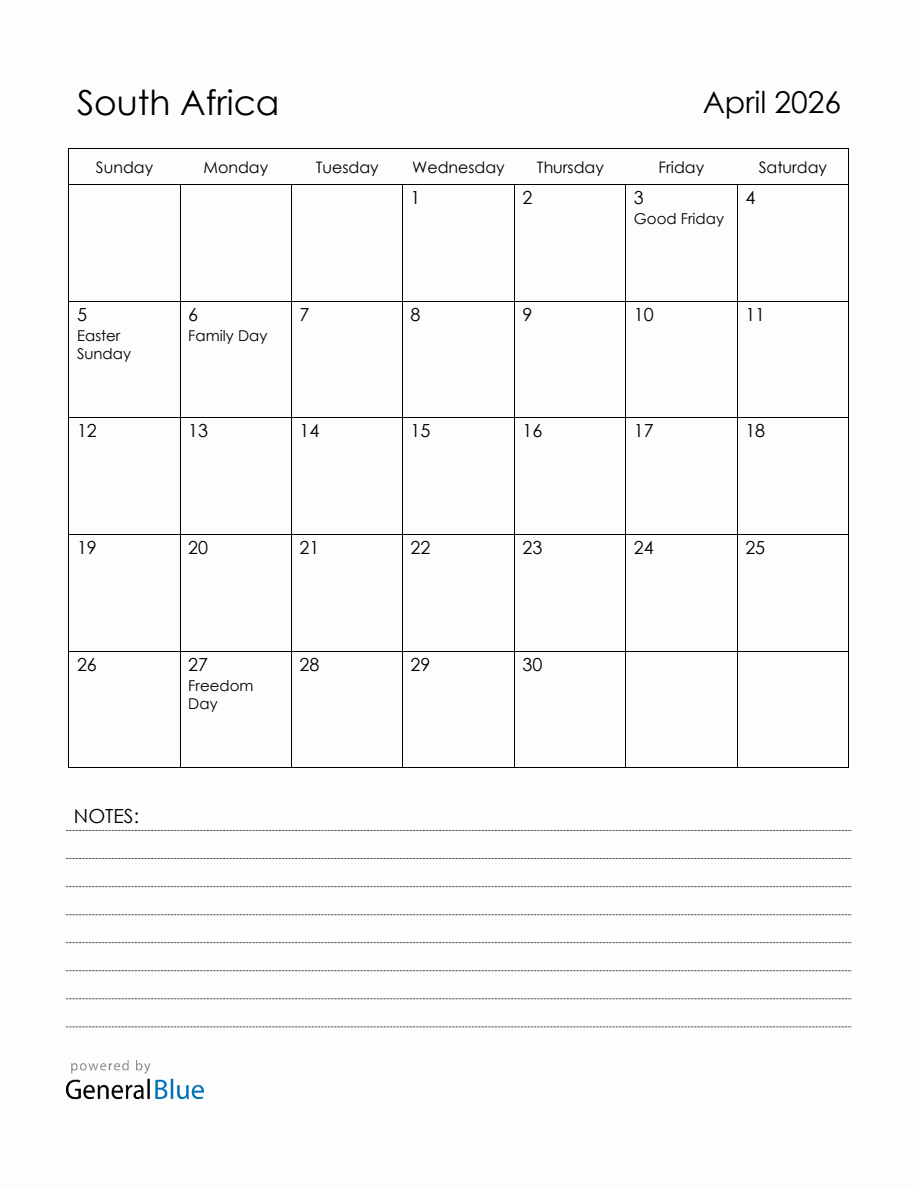 April 2026 South Africa Calendar with Holidays