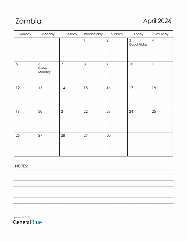 April 2026 Zambia Calendar with Holidays (Sunday Start)