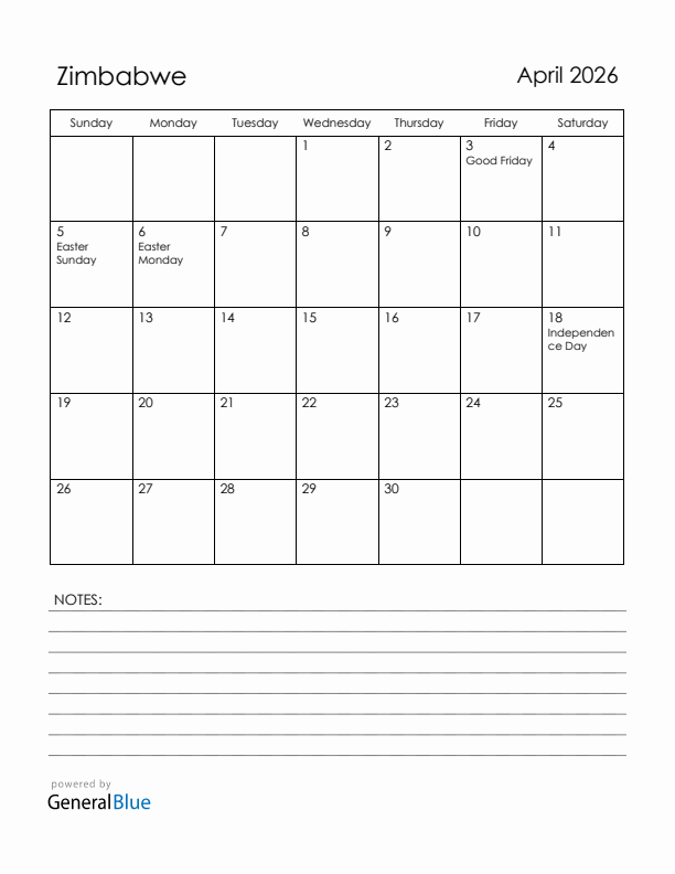 April 2026 Zimbabwe Calendar with Holidays (Sunday Start)