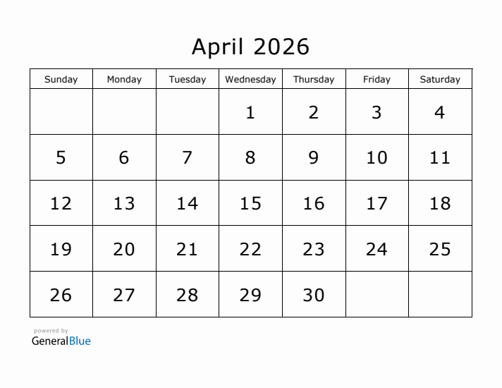 Printable April 2026 Calendar - Sunday Start