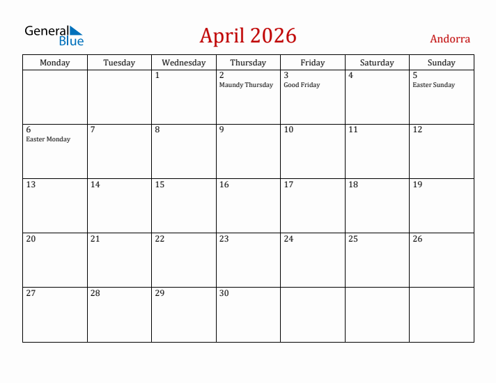 Andorra April 2026 Calendar - Monday Start
