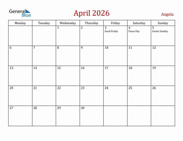 Angola April 2026 Calendar - Monday Start