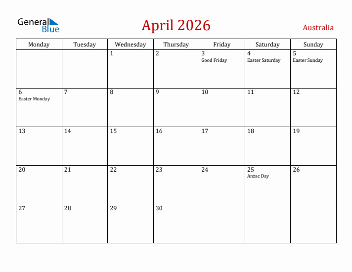 Australia April 2026 Calendar - Monday Start