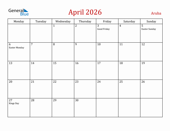 Aruba April 2026 Calendar - Monday Start