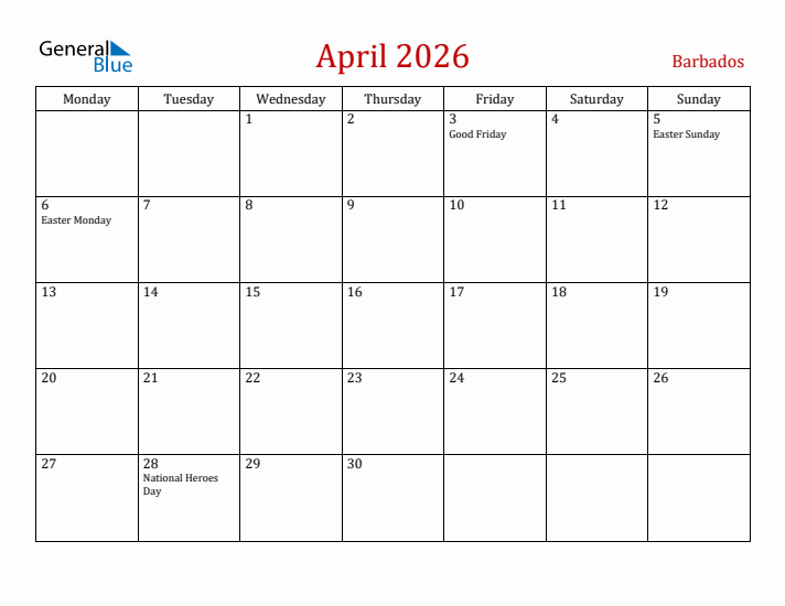 Barbados April 2026 Calendar - Monday Start