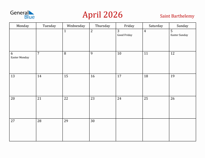 Saint Barthelemy April 2026 Calendar - Monday Start