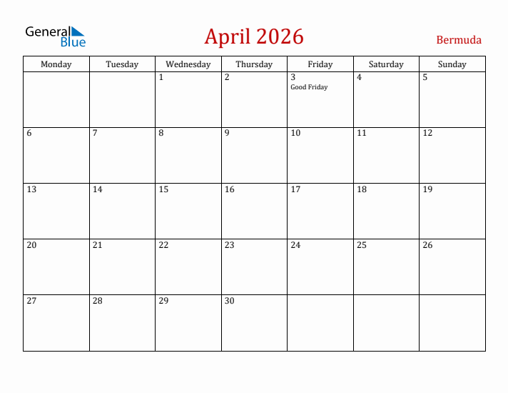 Bermuda April 2026 Calendar - Monday Start