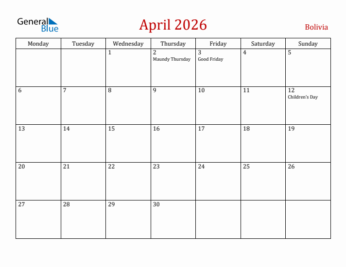 Bolivia April 2026 Calendar - Monday Start