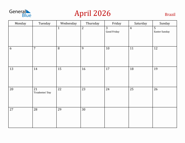 Brazil April 2026 Calendar - Monday Start