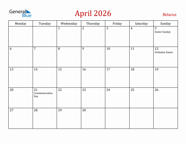 Belarus April 2026 Calendar - Monday Start