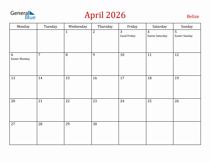 Belize April 2026 Calendar - Monday Start