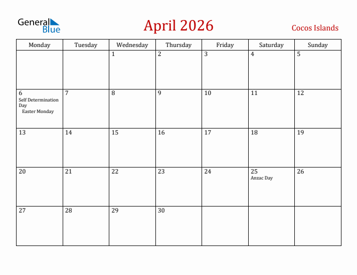 Cocos Islands April 2026 Calendar - Monday Start