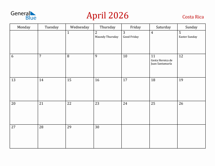 Costa Rica April 2026 Calendar - Monday Start