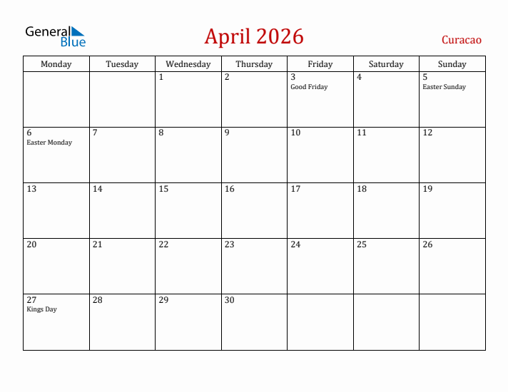 Curacao April 2026 Calendar - Monday Start