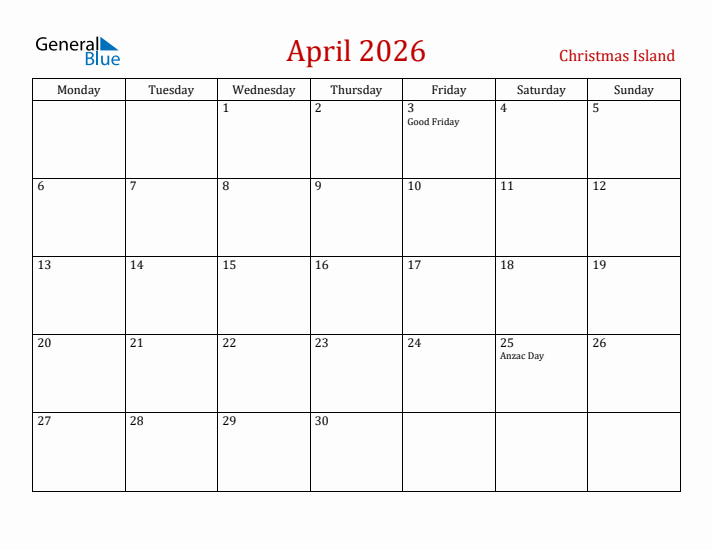 Christmas Island April 2026 Calendar - Monday Start