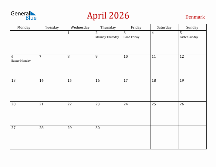 Denmark April 2026 Calendar - Monday Start