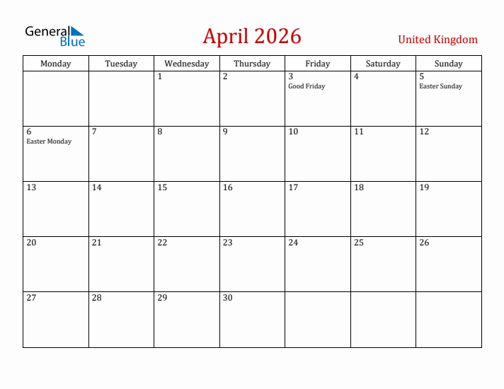 United Kingdom April 2026 Calendar - Monday Start